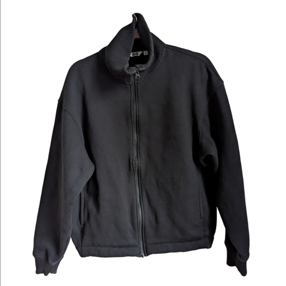 UNIQLO Black Cotton Cropped Soft Athleisure Oversized Zip Front Sweatshirt Small